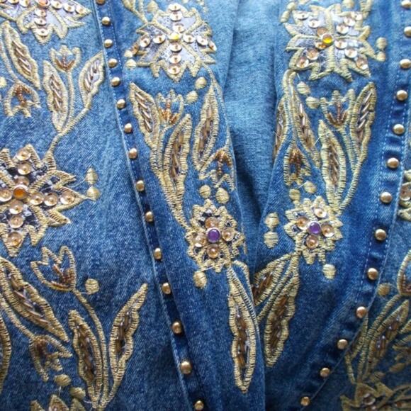 Vintage Denim Bejeweled Bat Wing Floral Embroidered Jean Jacket 80's Sz Large - Picture 4 of 8